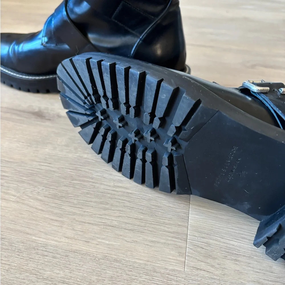 Freda Salvador “Athena” Black Leather Buckle Ankle Boots